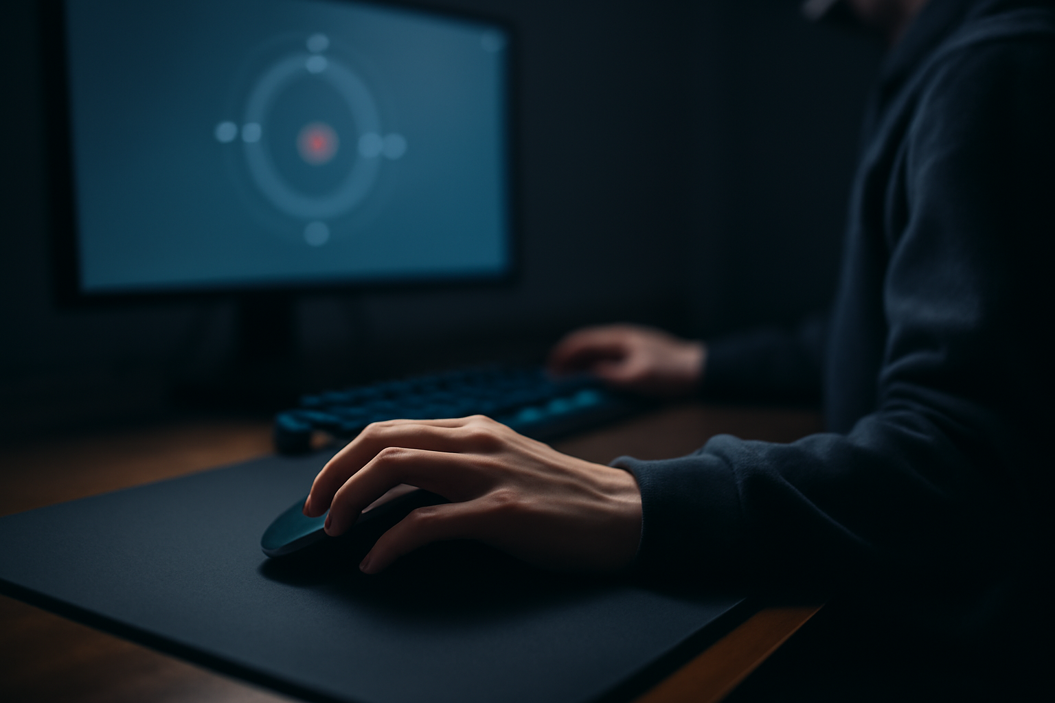 Pemain sedang berlatih aim di depan komputer dengan mouse dan mousepad gaming